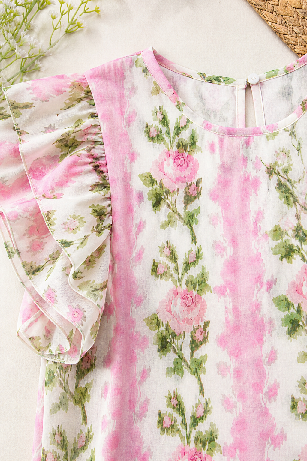 Pink Floral Flutter Sleeve Blouse – Lightweight Feminine Top