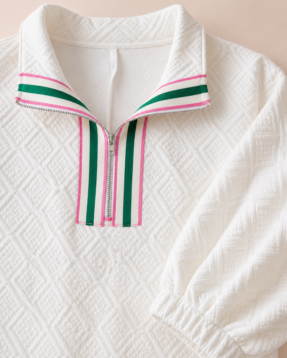 Quilted Zip Collar Puff Sleeve Top – Textured Casual Blouse