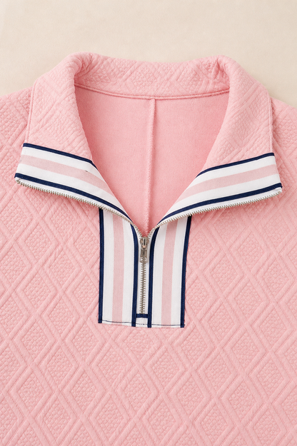 Quilted Zip Collar Puff Sleeve Top – Textured Casual Blouse