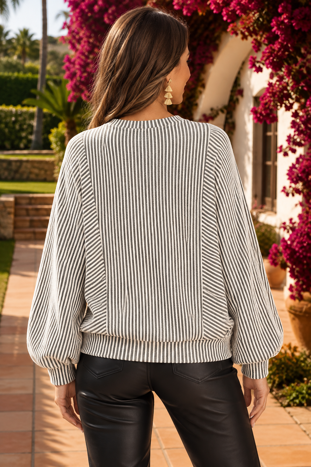 Gray Ribbed Long Sleeve Top – Round Neck Lantern Sleeve