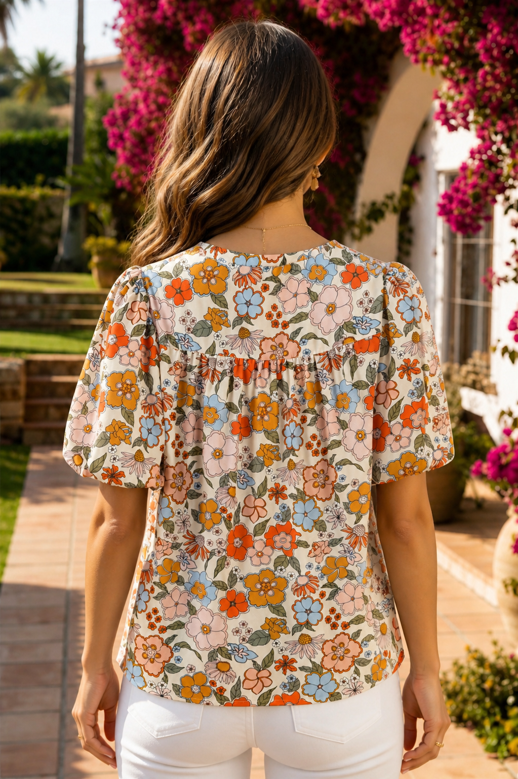 Multicolor Trim Floral V-Neck Blouse – Boho Puff Sleeve Top
