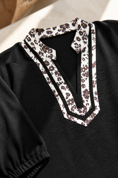 Leopard Trim V-Neck Blouse – Relaxed Fit Statement Top