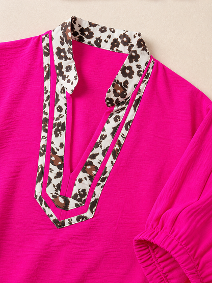 Leopard Trim V-Neck Blouse – Relaxed Fit Statement Top