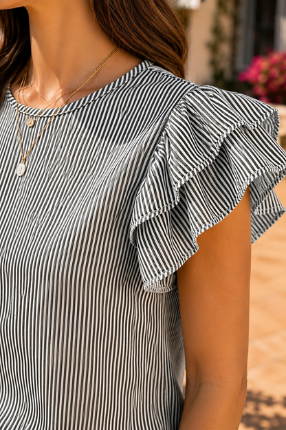Striped Flutter Sleeve Blouse – Casual Keyhole Back Everyday Top