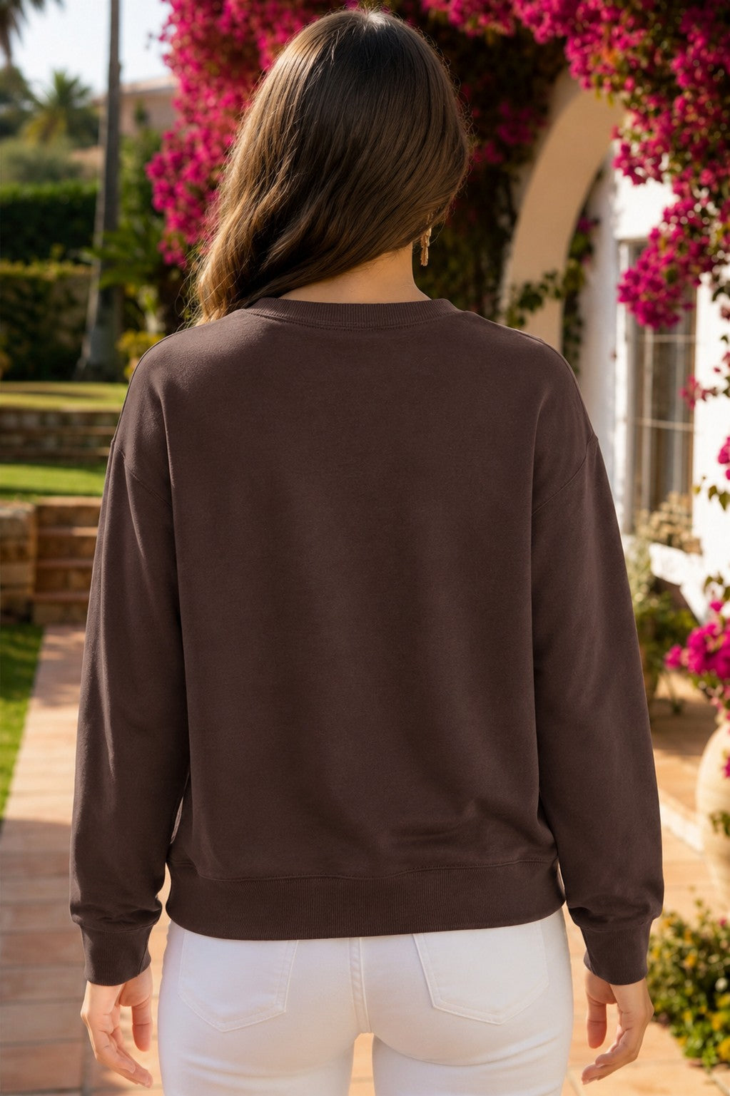 Brown PRAY patchwork crewneck sweatshirt with floral, striped and plaid appliqué lettering, long sleeves and a relaxed fit.