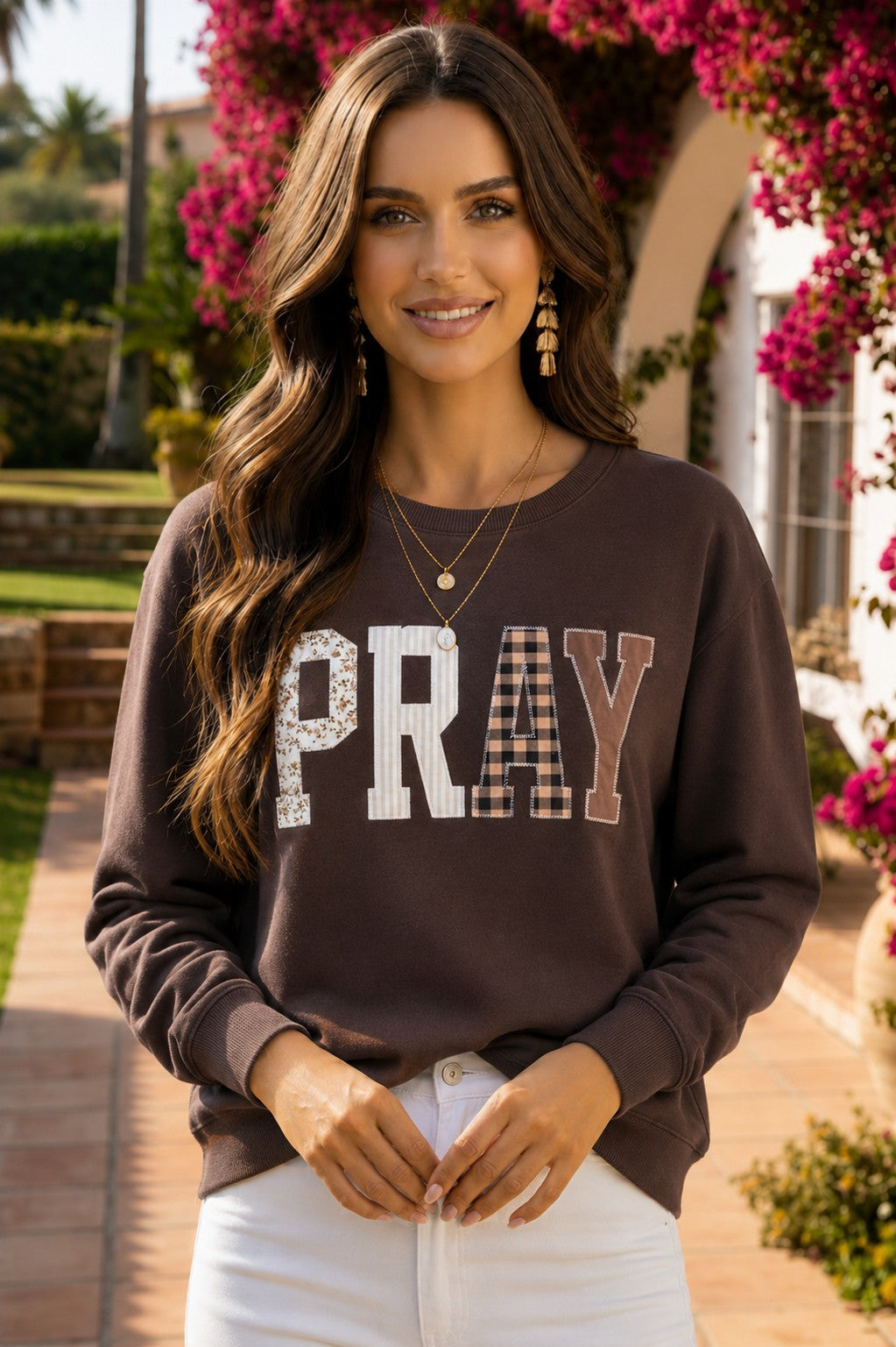Brown PRAY patchwork crewneck sweatshirt with floral, striped and plaid appliqué lettering, long sleeves and a relaxed fit.