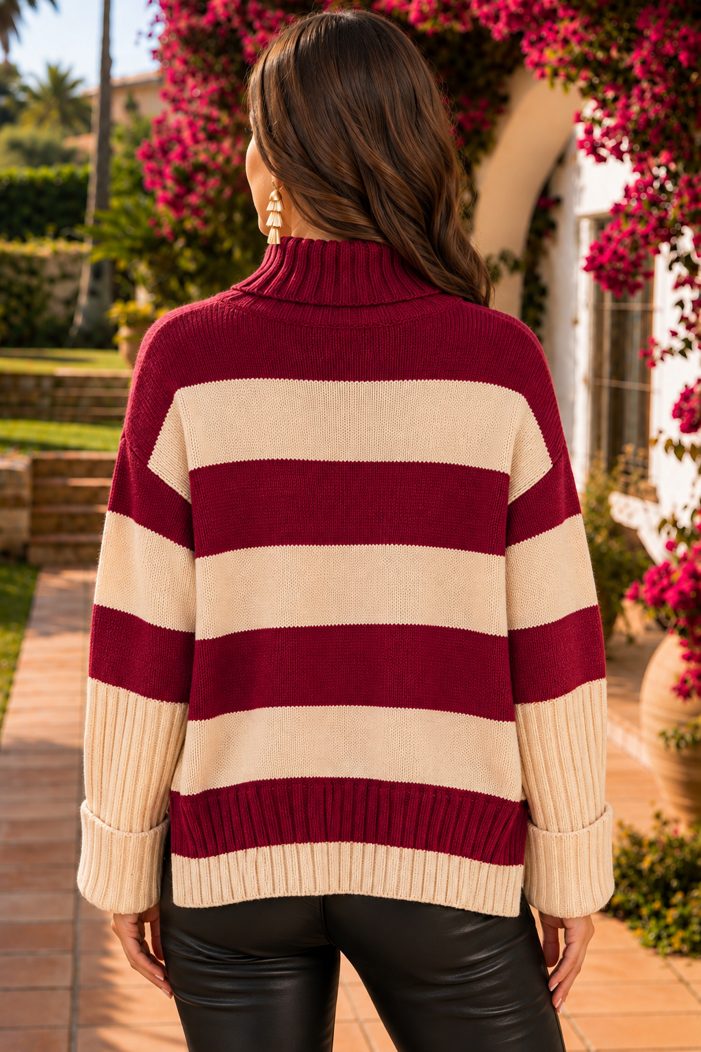 Red Striped Turtleneck Sweater – Relaxed Ribbed Knit Pullover
