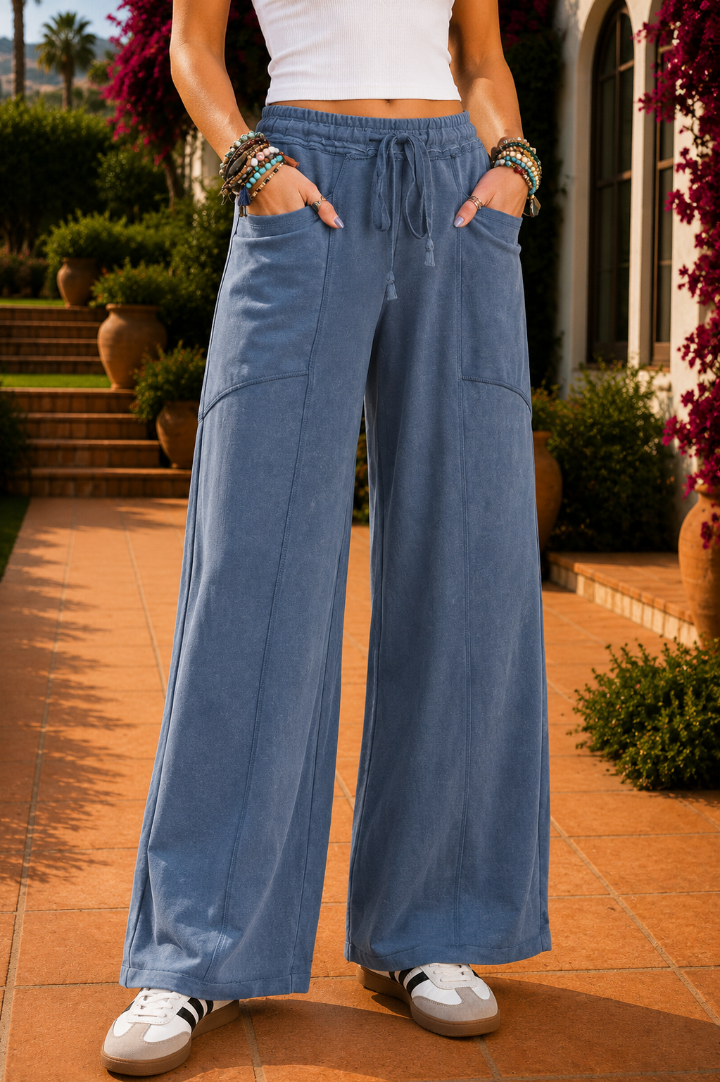 Dusty Blue washed cotton wide leg pants with drawstring waist, oversized patch pockets, and relaxed fit.