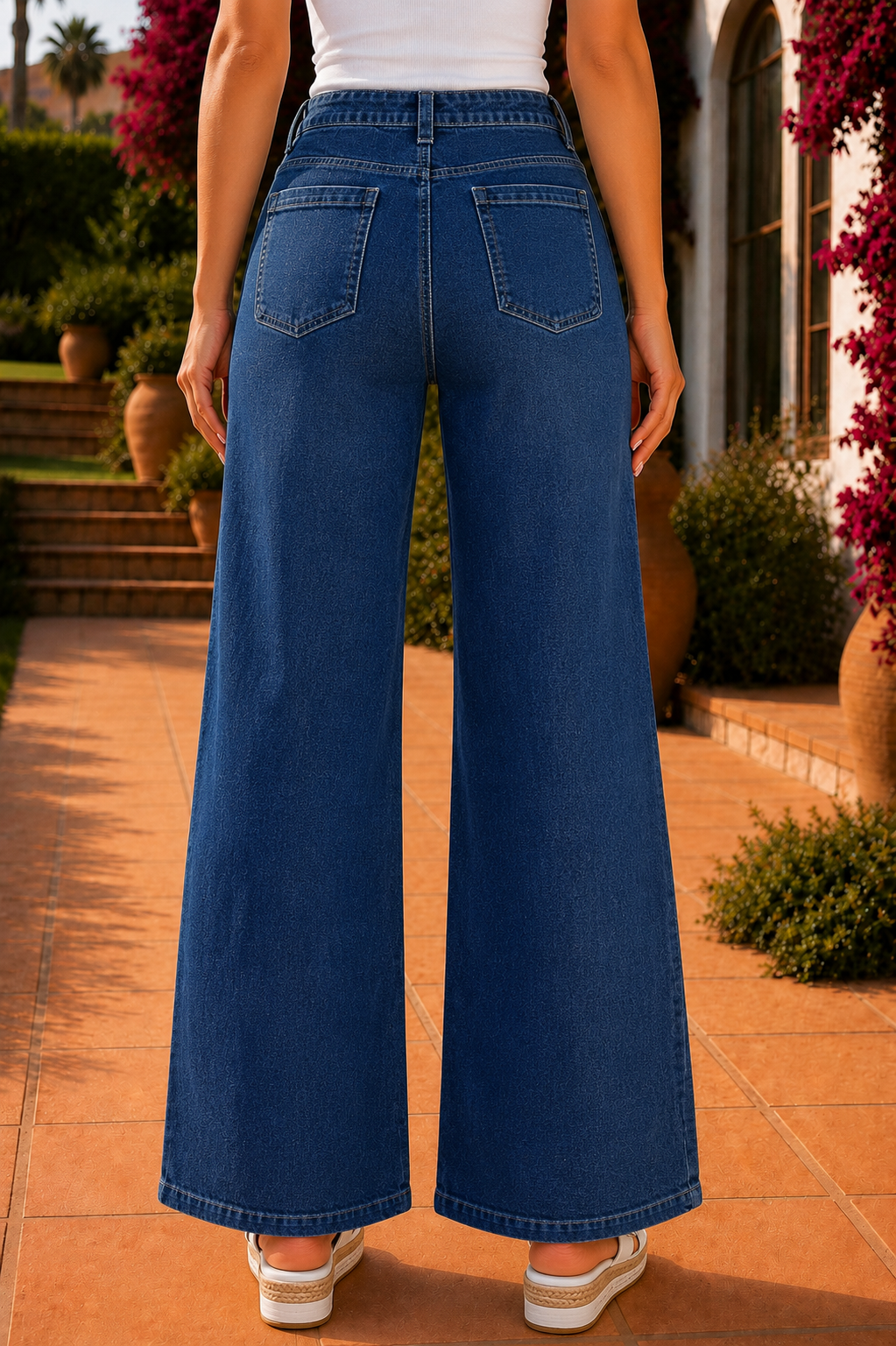 Medium Wash High Waist Wide Leg Patch Pocket Jeans – Relaxed Everyday Denim