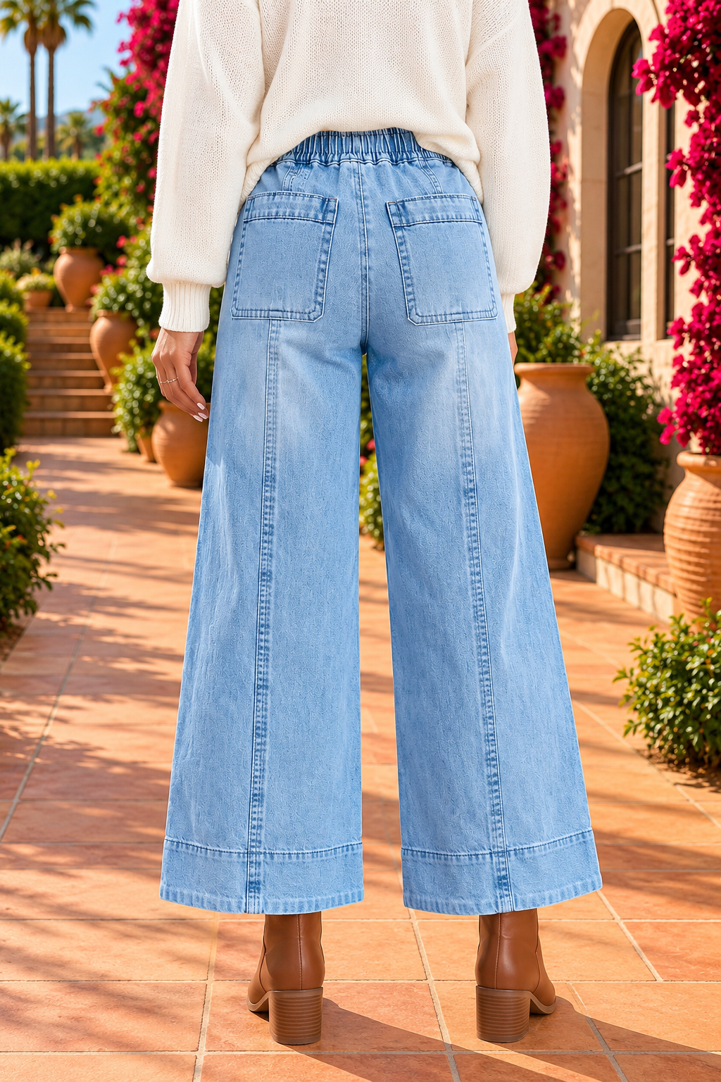 Light Wash Drawstring Wide Leg Jeans – High Rise Patch Pocket Denim