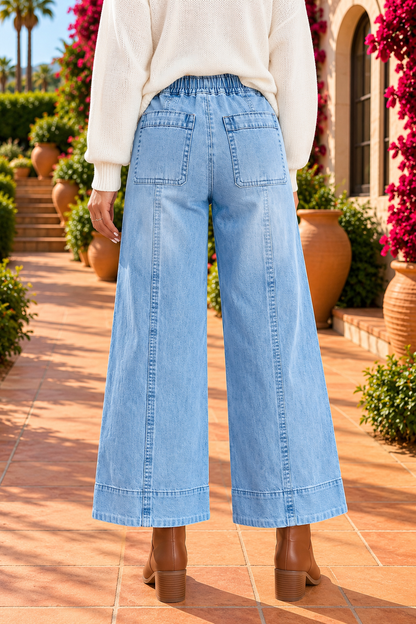 Light Wash Drawstring Wide Leg Jeans – High Rise Patch Pocket Denim