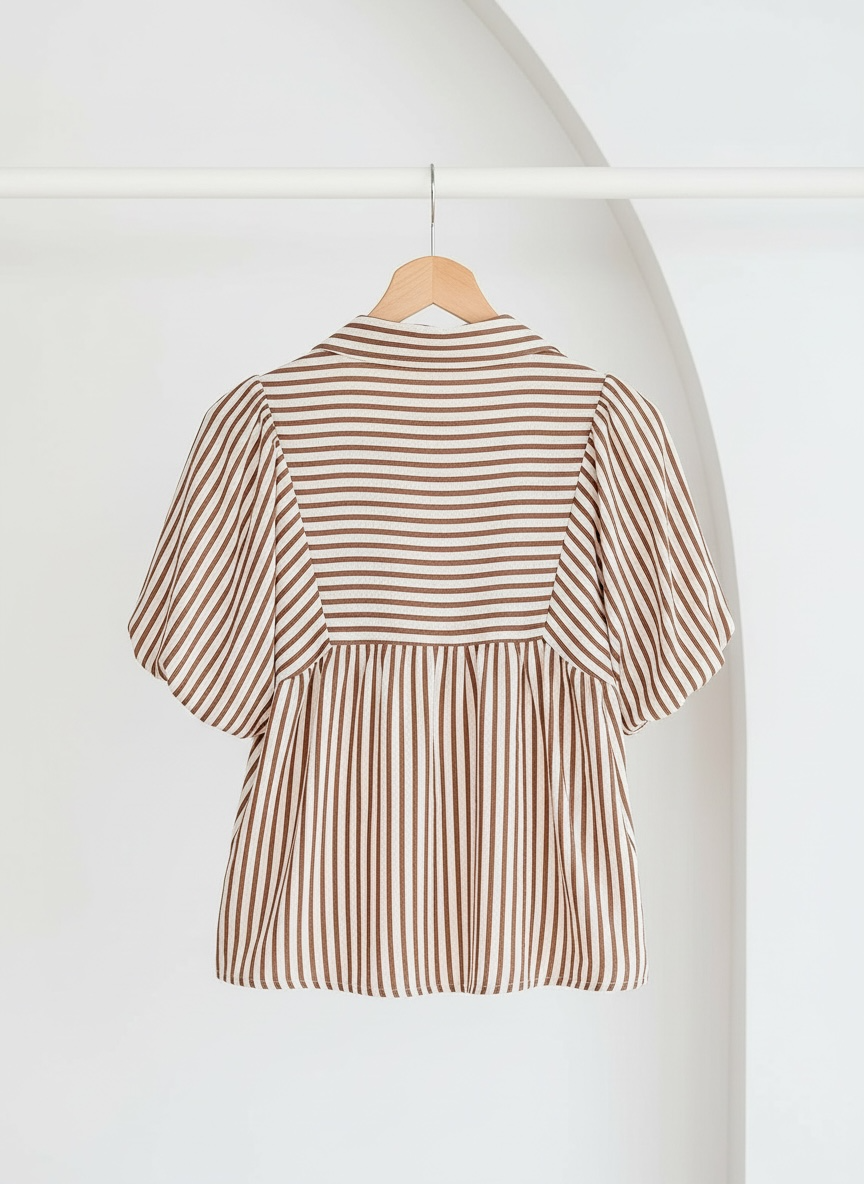 Brown Stripe Smocked Yoke Puff Sleeve Blouse