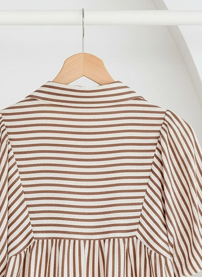 Brown Stripe Smocked Yoke Puff Sleeve Blouse