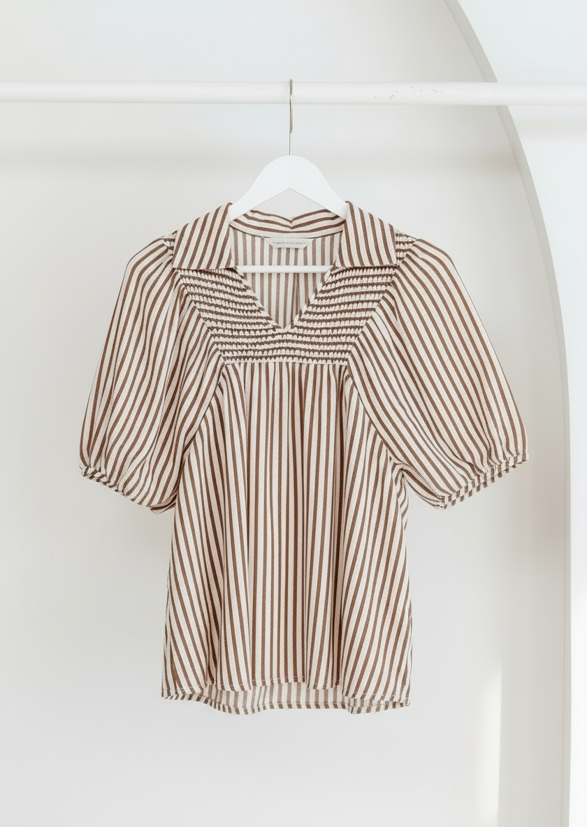 Brown Stripe Smocked Yoke Puff Sleeve Blouse