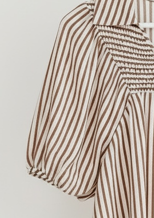 Brown Stripe Smocked Yoke Puff Sleeve Blouse