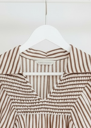 Brown Stripe Smocked Yoke Puff Sleeve Blouse