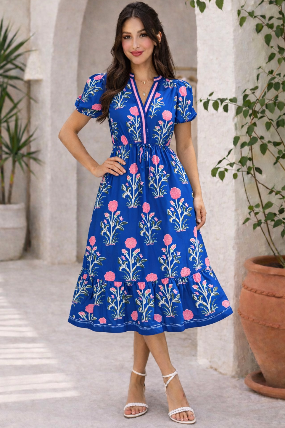 Blue Floral Puff Sleeve High Waist Maxi Dress