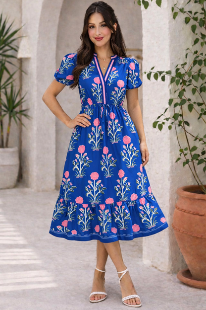 Blue Floral Puff Sleeve High Waist Maxi Dress