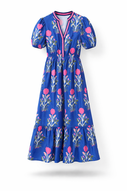 Blue Floral Puff Sleeve High Waist Maxi Dress