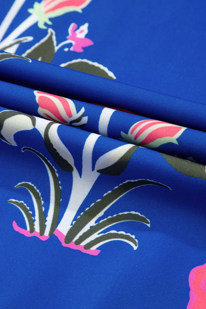 Blue Floral Puff Sleeve High Waist Maxi Dress