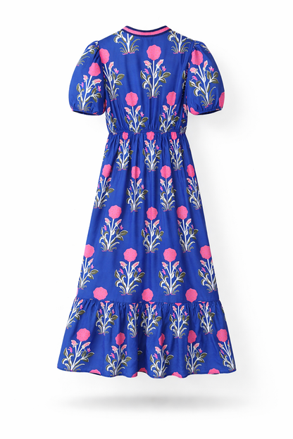 Blue Floral Puff Sleeve High Waist Maxi Dress