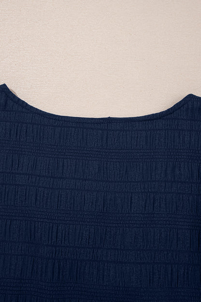 Navy Textured Square Neck Ruffle Sleeve Shirred High Waist Short Set