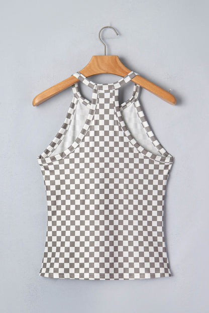 Checker Print High Neck Racerback Tank Top – Casual Everyday Summer Top