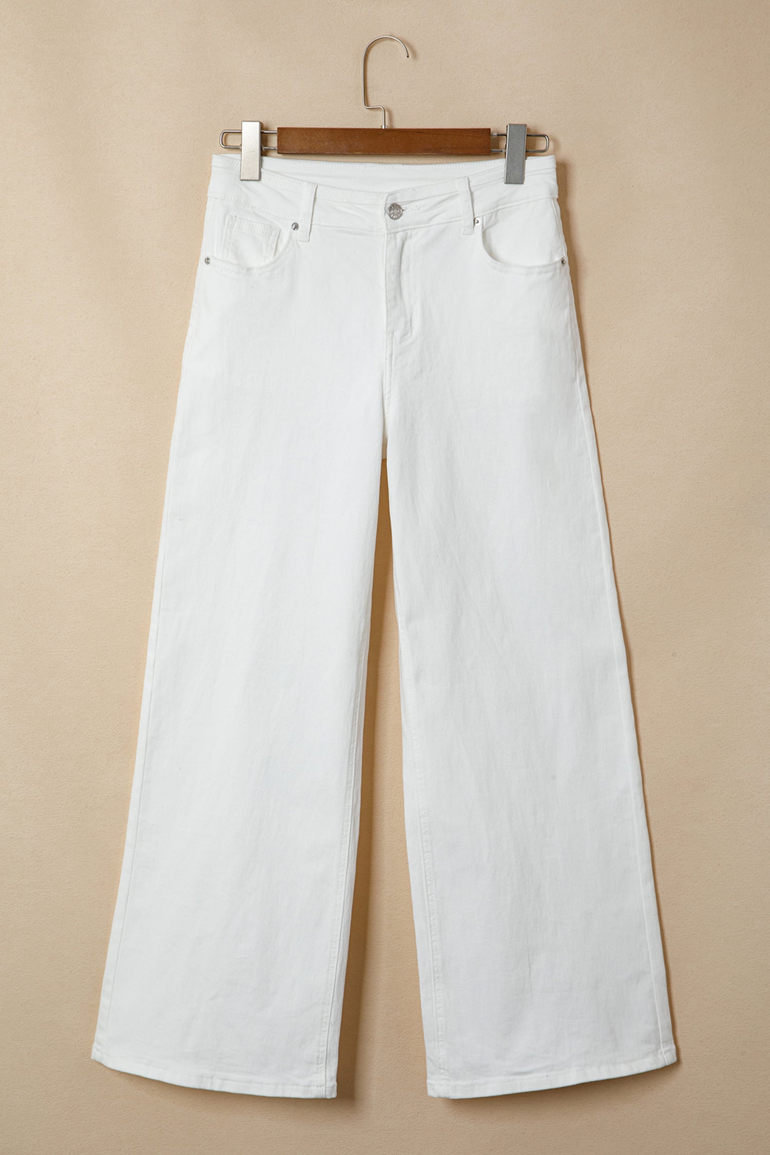 Women’s white high-waist wide-leg jeans with classic five-pocket styling and a relaxed full-length silhouette