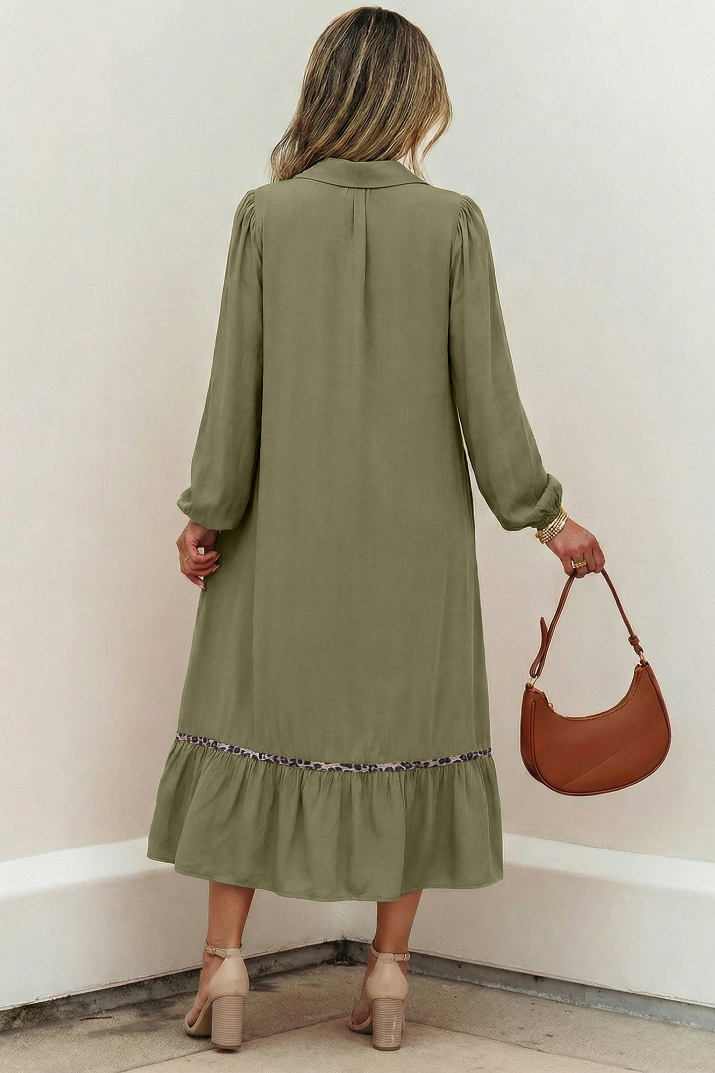 V-Neck Collared Smocked Yoke Long Sleeve Midi Dress – Black & Olive