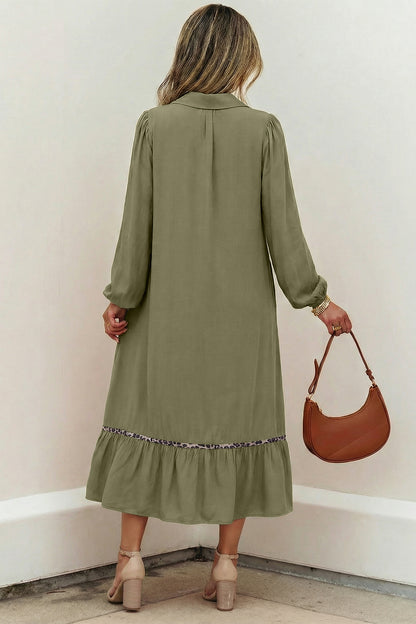V-Neck Collared Smocked Yoke Long Sleeve Midi Dress – Black & Olive