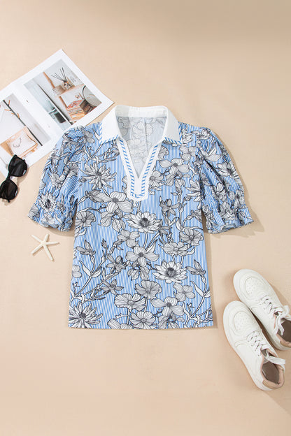 Blue Striped Floral V-Neck Short Sleeve Blouse for Women