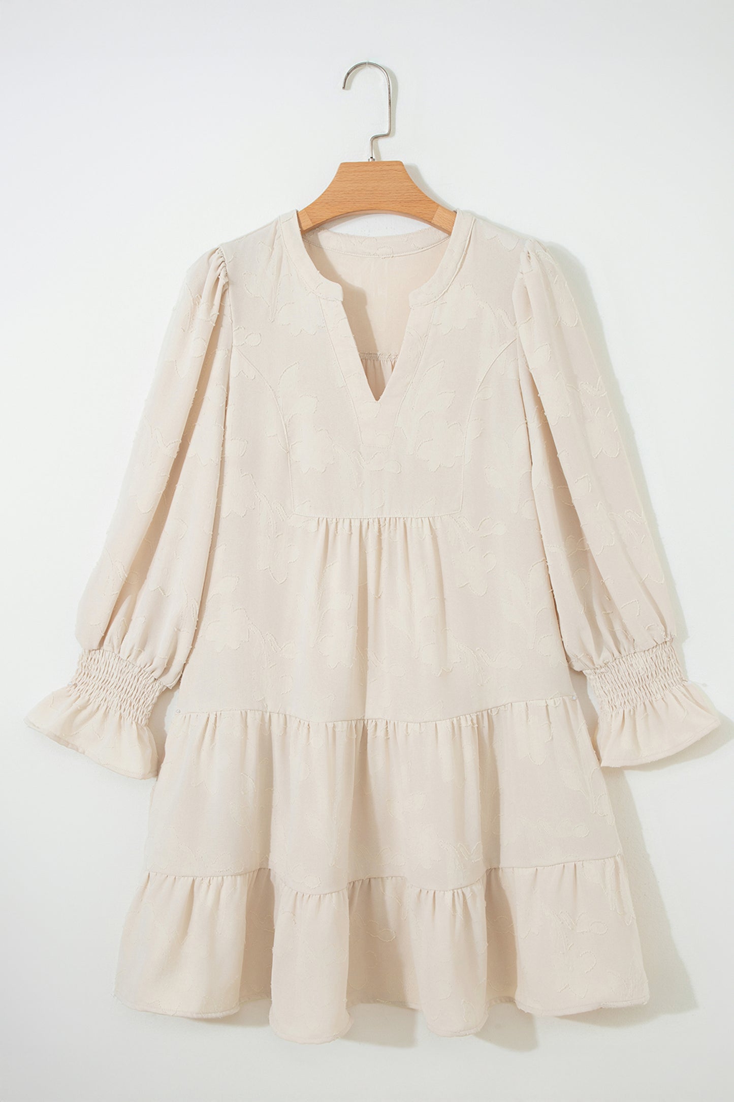 Cream Textured Tiered Mini Dress – Split Neck Long Sleeve Dress