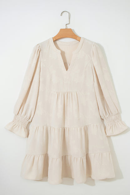 Cream Textured Tiered Mini Dress – Split Neck Long Sleeve Dress