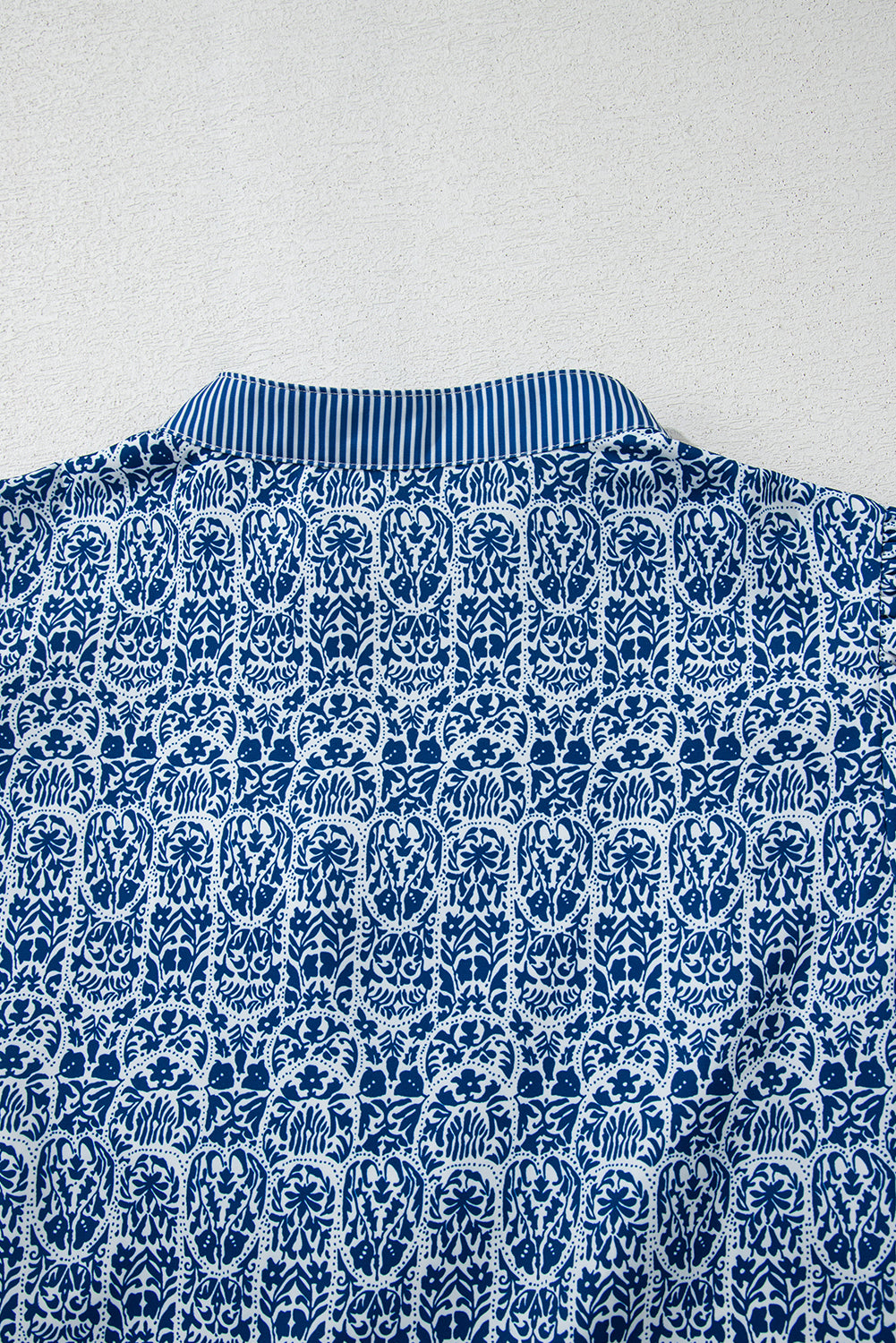 Printed Puff Sleeve Blouse – Striped Neckline Embroidered Trim Top