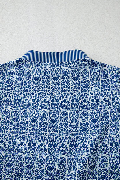 Printed Puff Sleeve Blouse – Striped Neckline Embroidered Trim Top