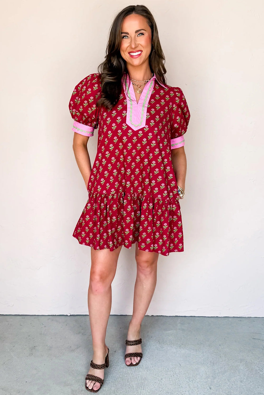Colette Red Floral V-Neck Puff Sleeve Mini Dress