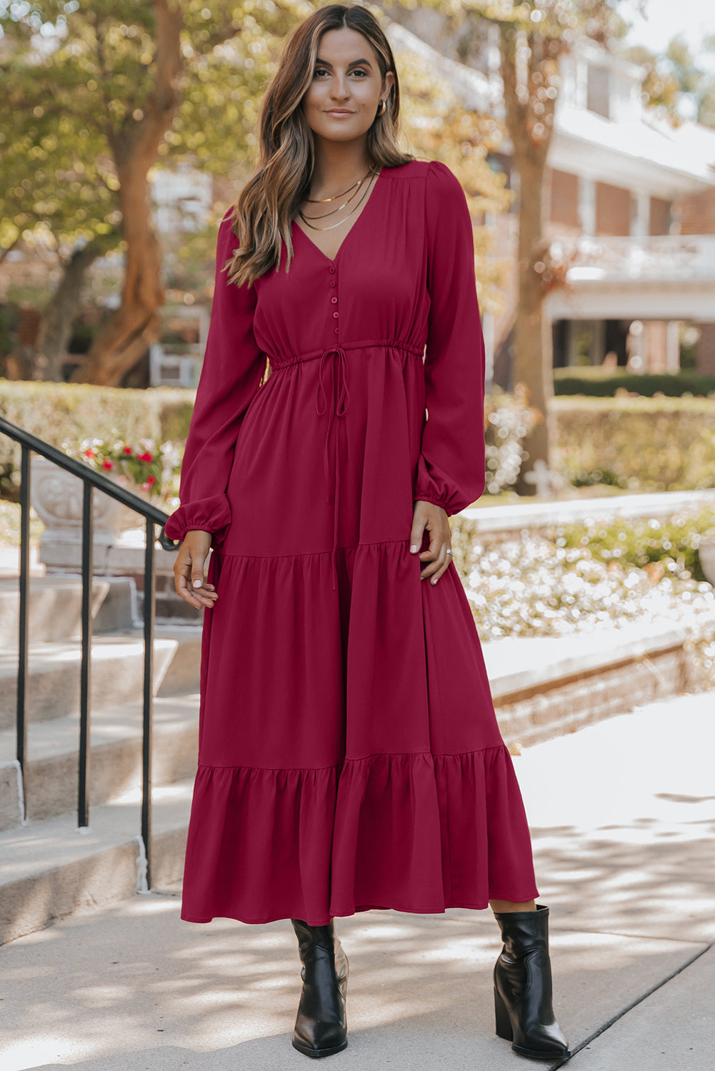 Long Sleeve V‑Neck Button Front Tiered Maxi Dress