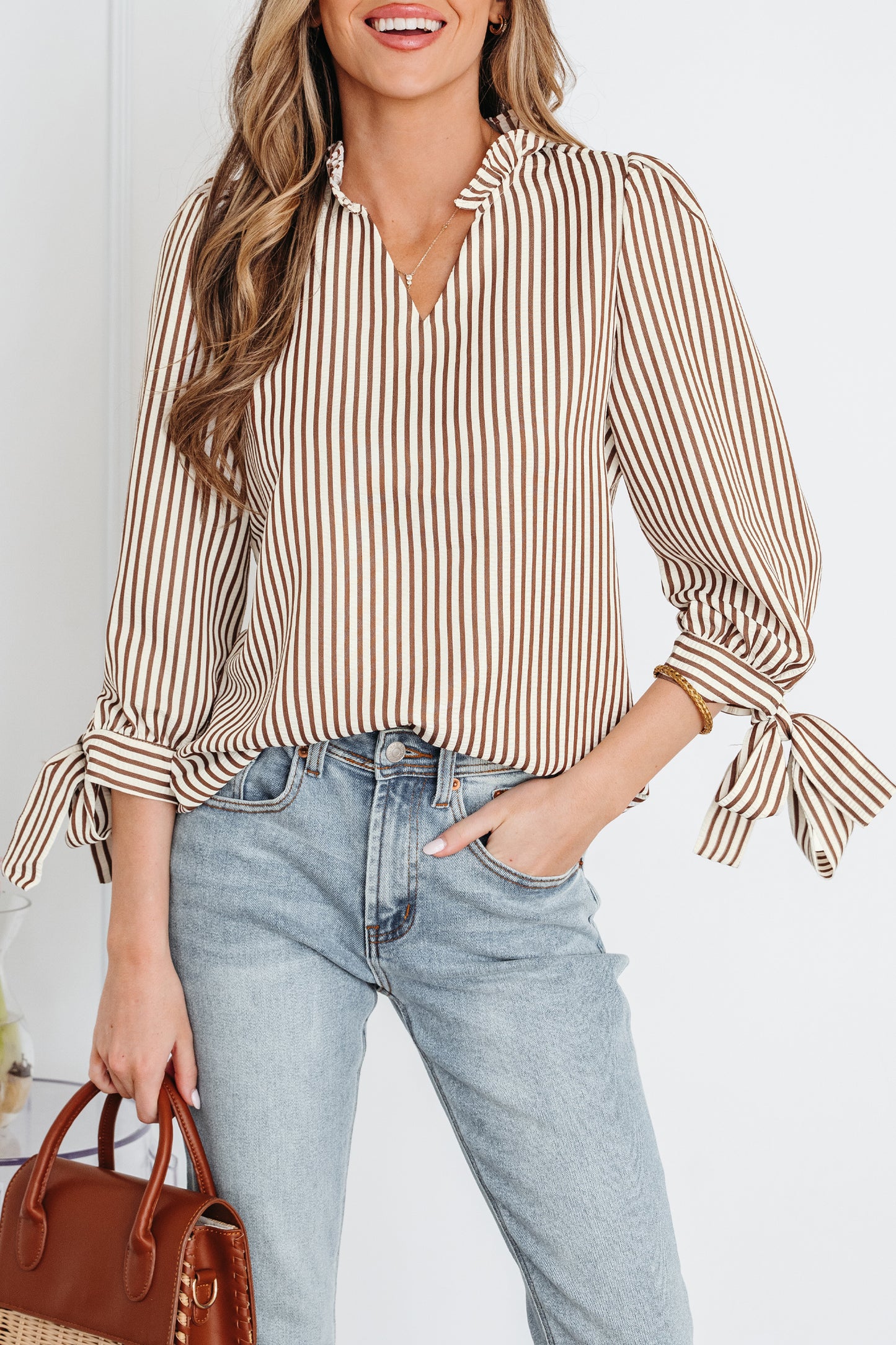 Striped Split Neck Blouse with Tied Cuffs