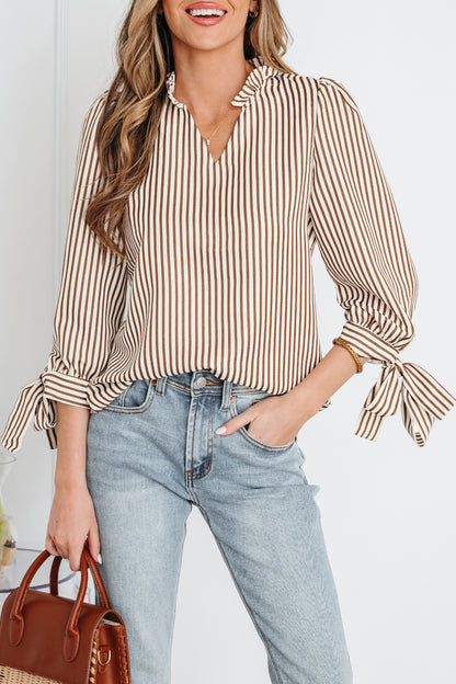Striped Split Neck Blouse with Tied Cuffs