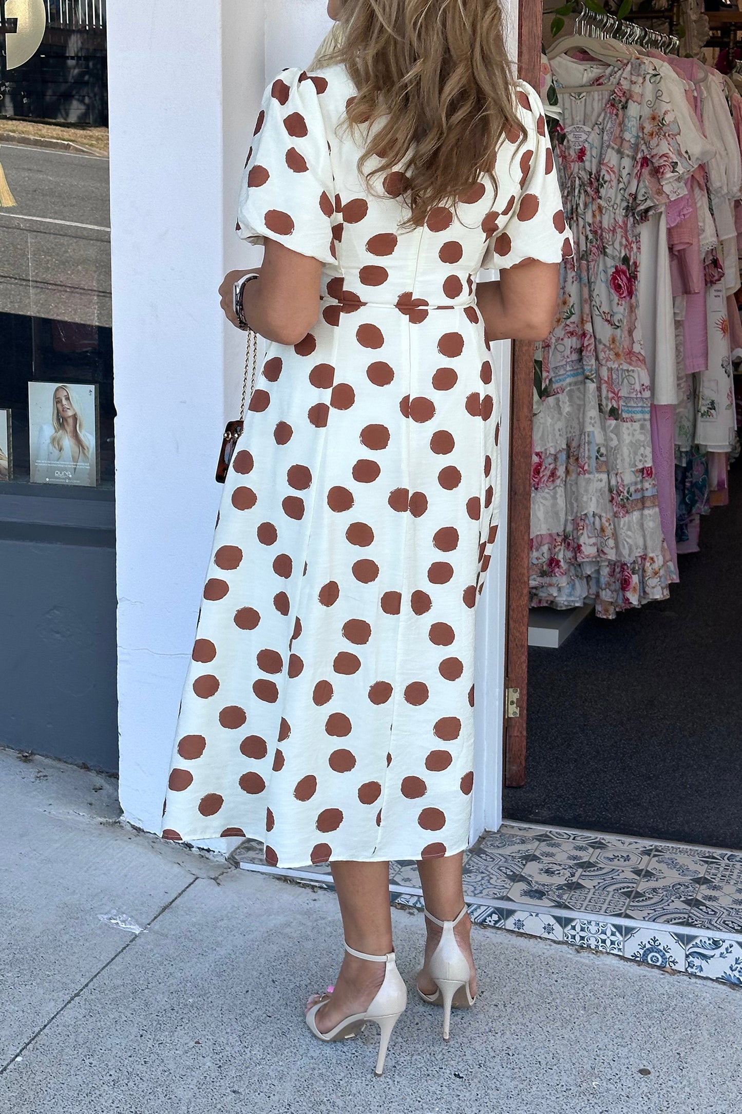 White Brown Polka Dot V-Neck Tie Waist Midi Dress