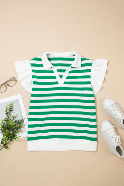 Striped Flutter Sleeve Collared Blouse – Casual Everyday Boutique Top