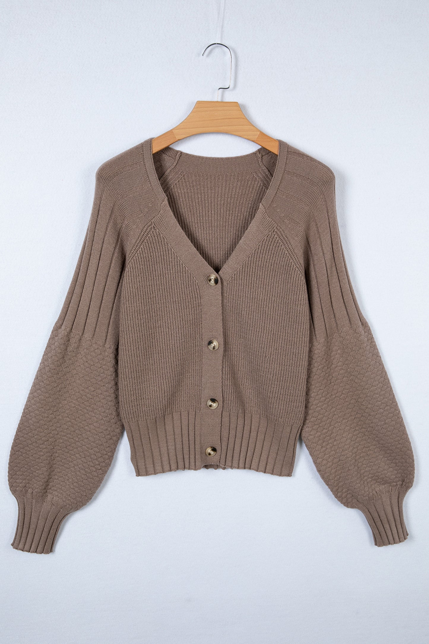 Women's taupe textured bishop sleeve cardigan with a V-neck, button-front closure, mixed knit texture, and relaxed fit.