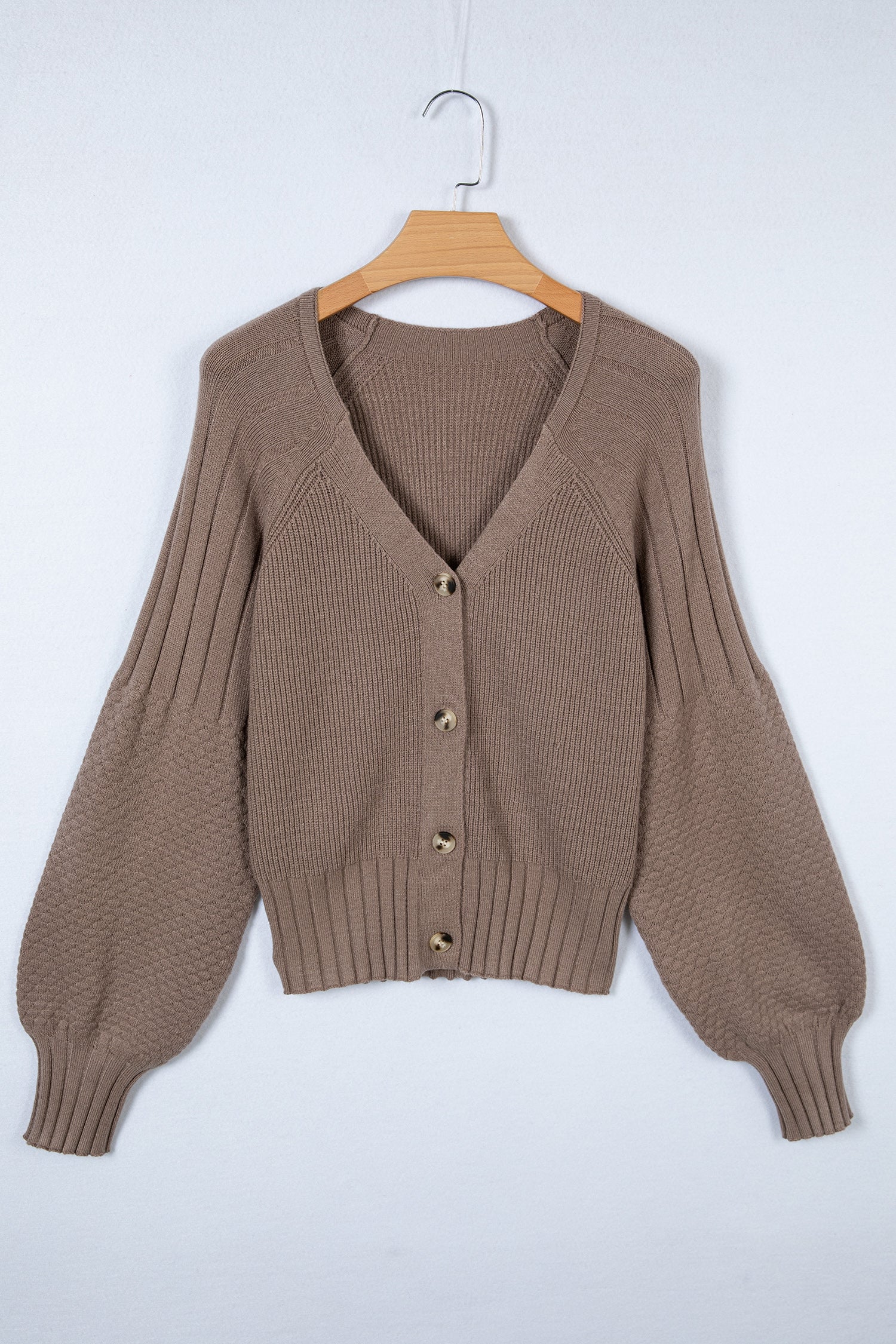 Women's taupe textured bishop sleeve cardigan with a V-neck, button-front closure, mixed knit texture, and relaxed fit.