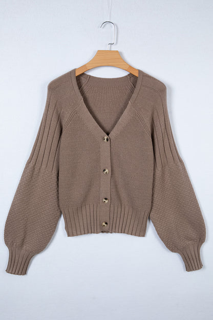 Women's taupe textured bishop sleeve cardigan with a V-neck, button-front closure, mixed knit texture, and relaxed fit.