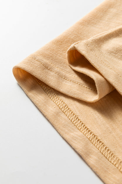 Soft Oatmeal split neck button detail long sleeve top with gathered cuff sleeves