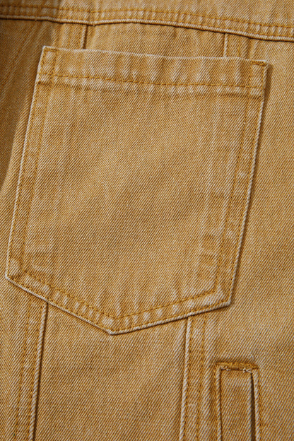 Tan women's denim jacket with metal button front, collared neckline, long sleeves, patch pockets, and relaxed fit.