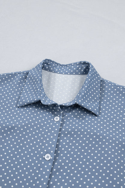 Polka Dot Button Front Blouse – Short Sleeve Collared Top