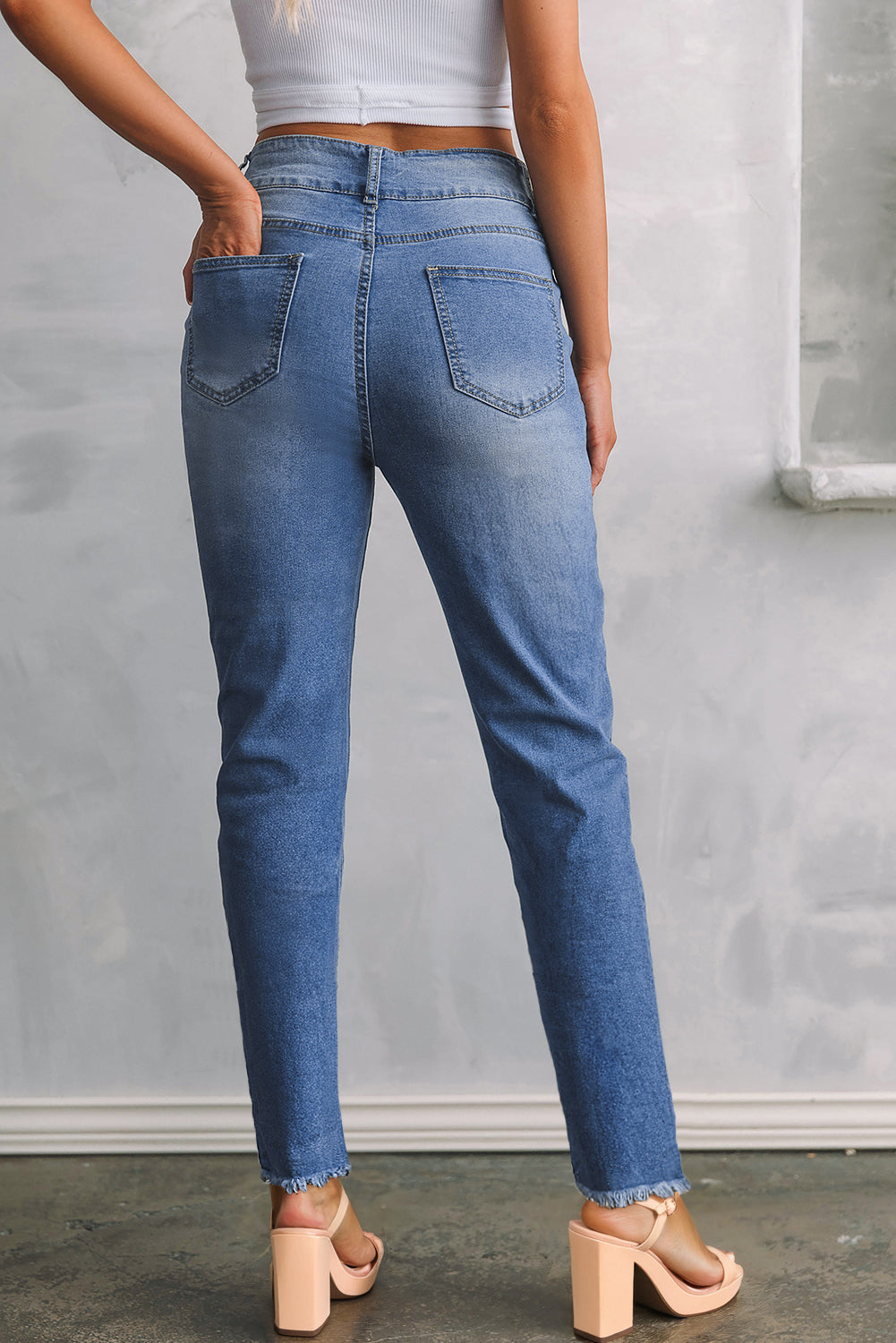 Light Wash Blue High Rise Double Button Straight Leg Jeans – Raw Hem Denim