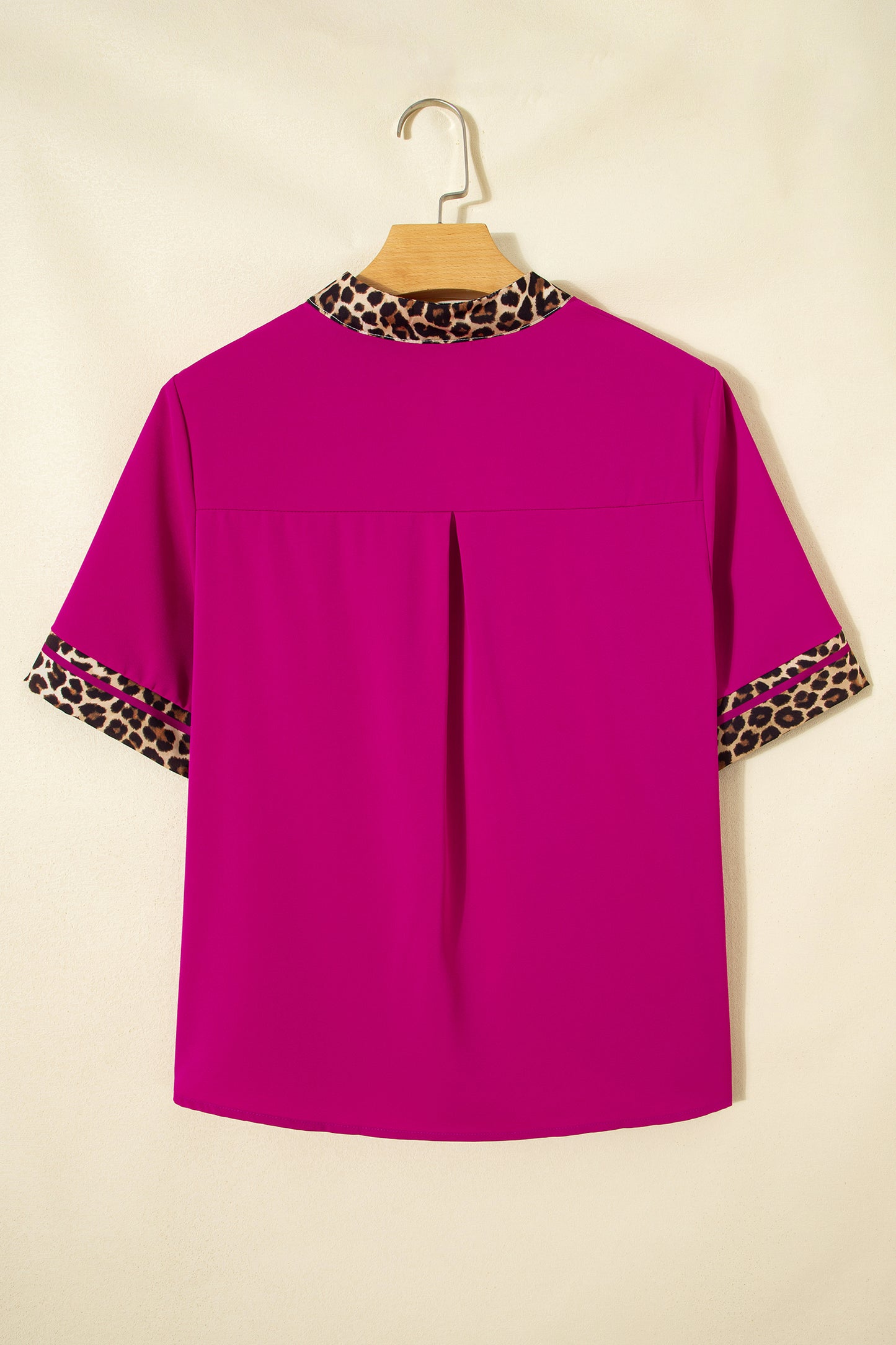 Leopard Trim Notch Neck Blouse – Lightweight Casual Contrast Top