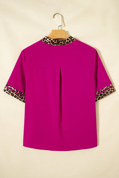 Leopard Trim Notch Neck Blouse – Lightweight Casual Contrast Top